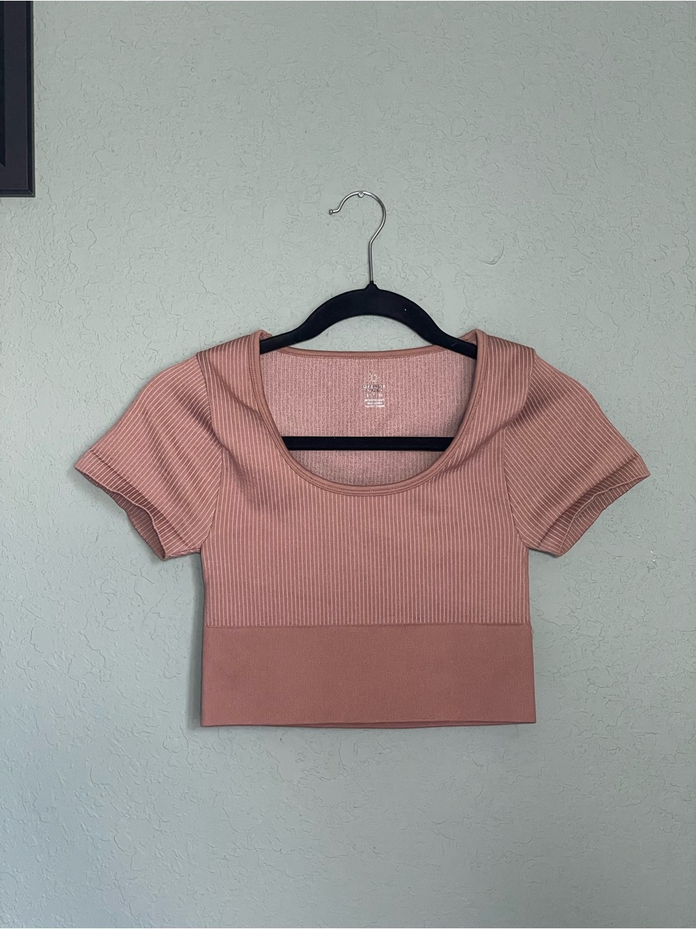 Aerie Offline Seamless Ribbed Scoop Neck Cropped Short Sleeve Size S Tan Beige
